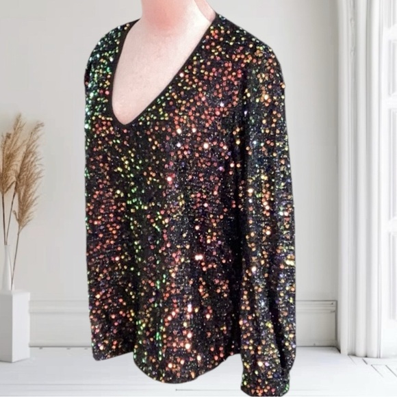 Sequin Shine Multicolor Fabric Long Sleeved Blouse New Sparkly Party Large - Picture 4 of 7